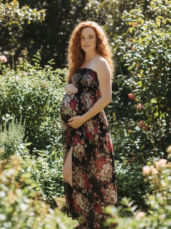 Dresses & Skirts - Pregnancy Floral Black with Front Slit Maxi Dress Perfect for Photoshoot